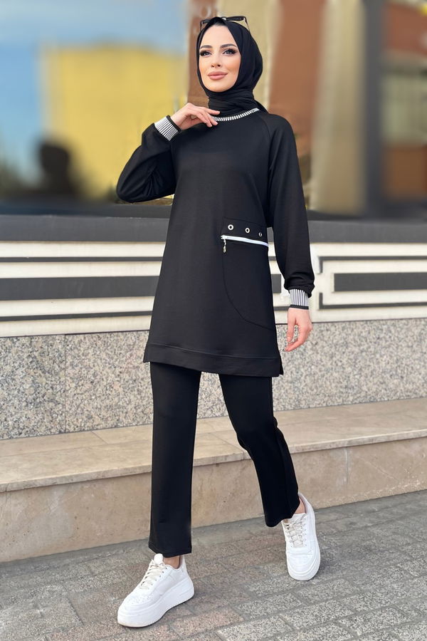 Düz Bisiklet Yaka Kadın Siyah Tunik+Pantolon - 22065 SİYAH