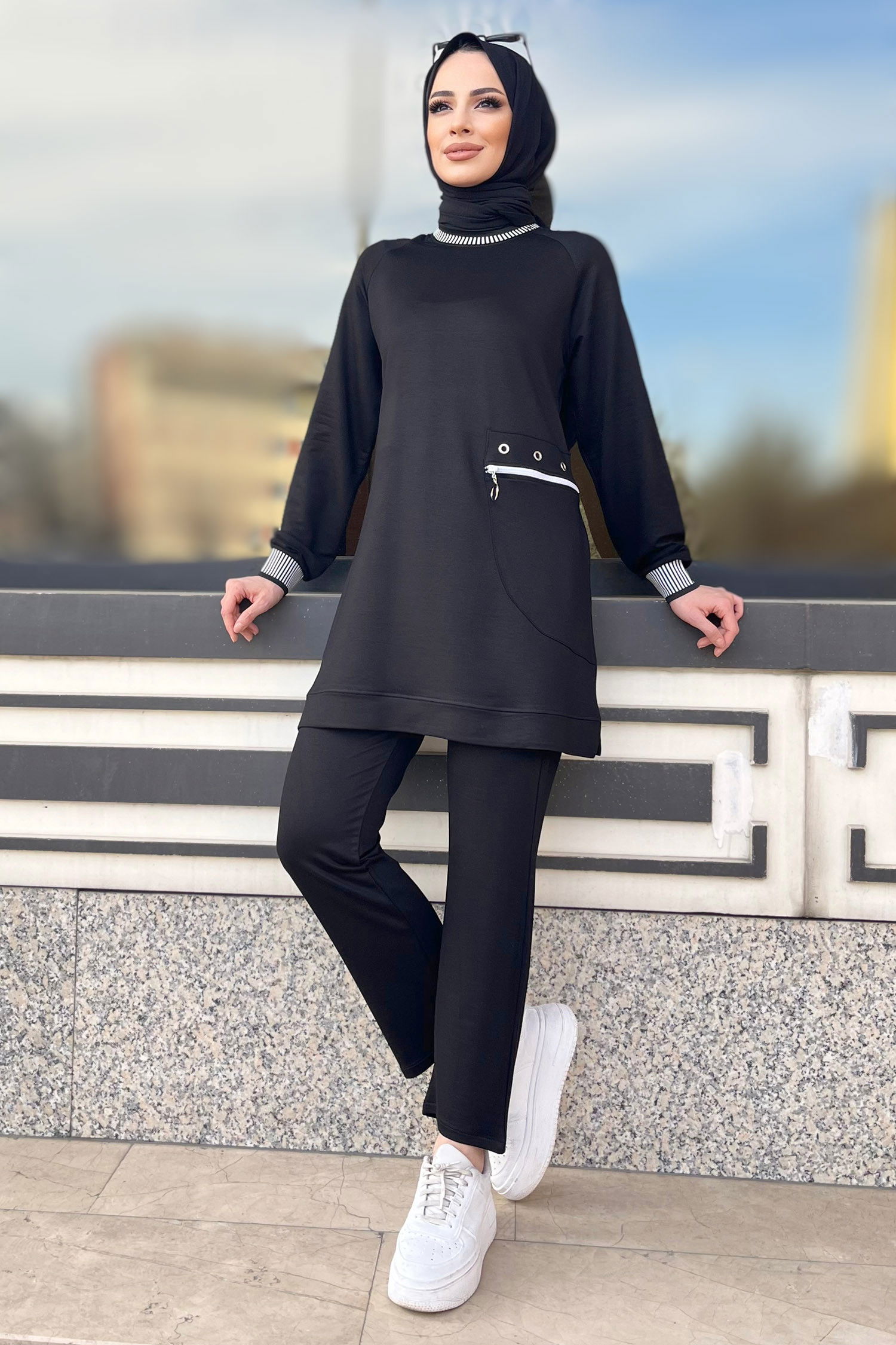Düz Bisiklet Yaka Kadın Siyah Tunik+Pantolon - 22065 SİYAH