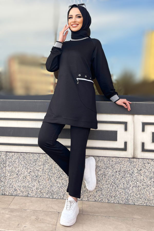 Düz Bisiklet Yaka Kadın Siyah Tunik+Pantolon - 22065 SİYAH
