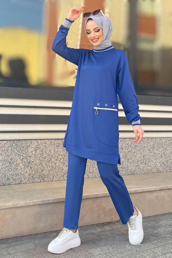 Düz Bisiklet Yaka Kadın Mavi Tunik+Pantolon - 22065 MAVİ