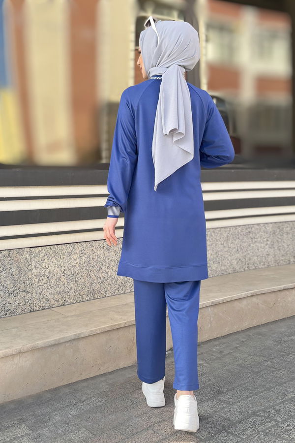 Düz Bisiklet Yaka Kadın Mavi Tunik+Pantolon - 22065 MAVİ