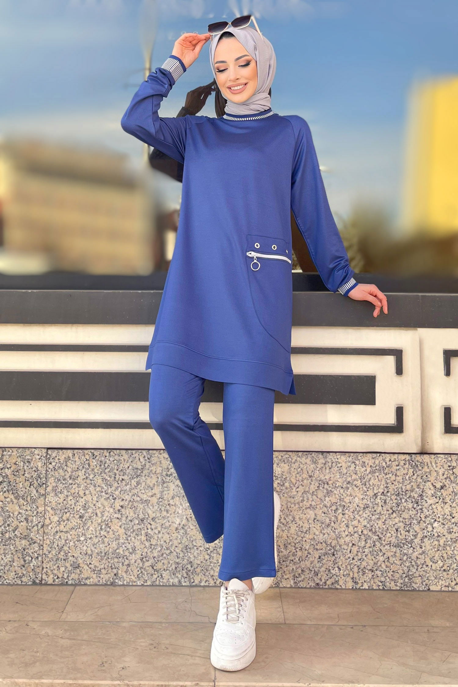 Düz Bisiklet Yaka Kadın Mavi Tunik+Pantolon - 22065 MAVİ