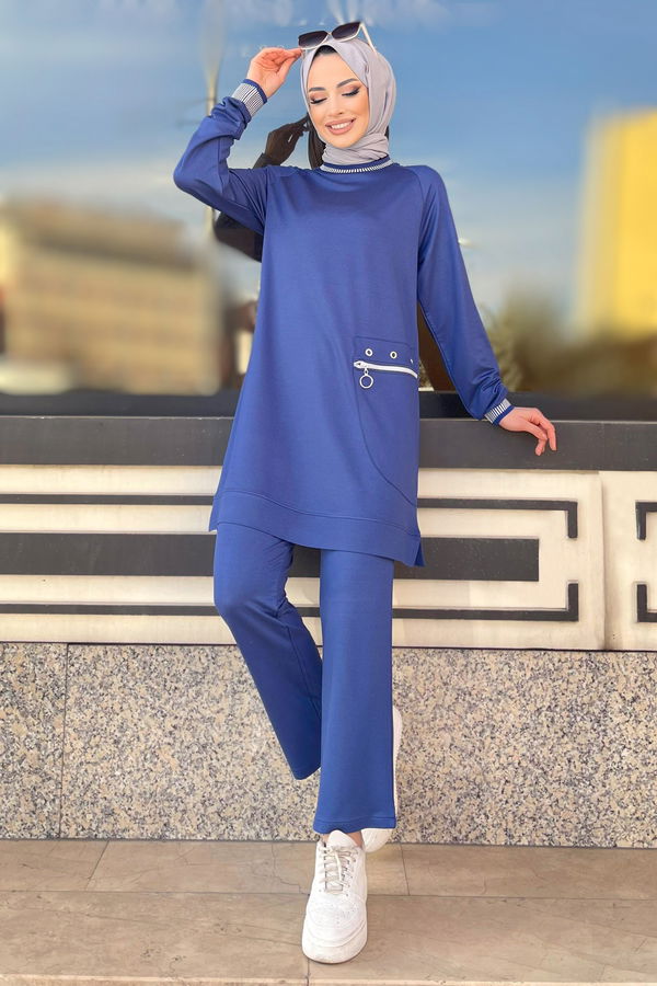 Düz Bisiklet Yaka Kadın Mavi Tunik+Pantolon - 22065 MAVİ