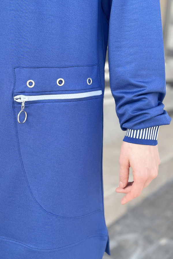 Düz Bisiklet Yaka Kadın Mavi Tunik+Pantolon - 22065 MAVİ