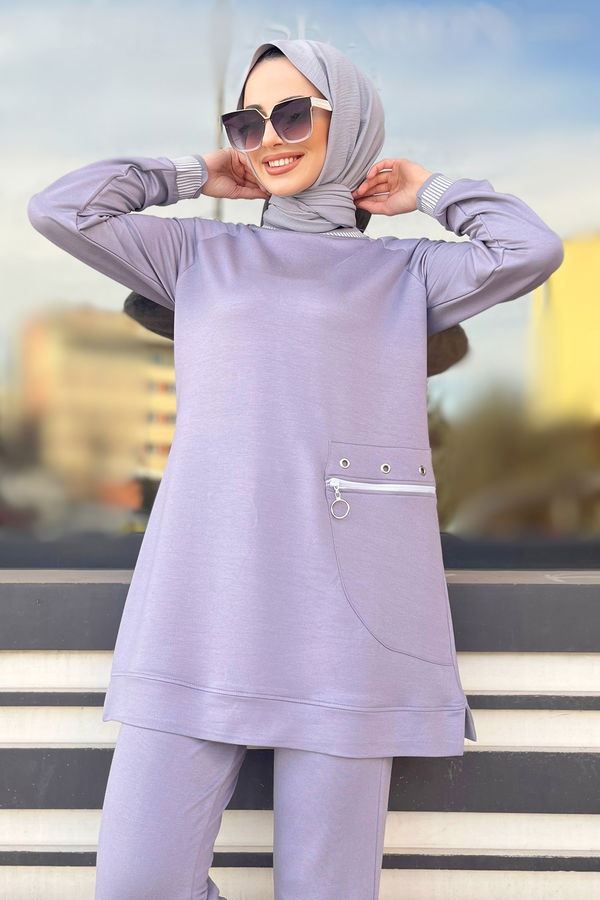 Düz Bisiklet Yaka Kadın Gri Tunik+Pantolon - 22065 GRİ