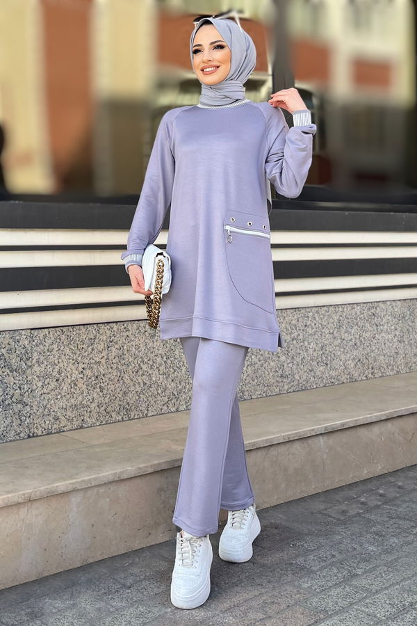 Düz Bisiklet Yaka Kadın Gri Tunik+Pantolon - 22065 GRİ