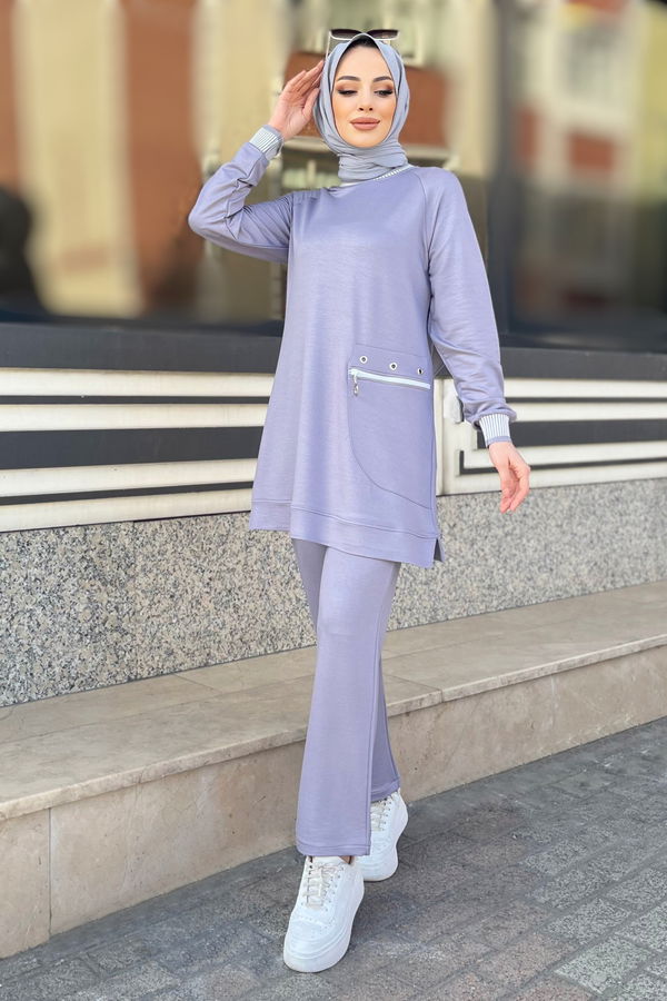 Düz Bisiklet Yaka Kadın Gri Tunik+Pantolon - 22065 GRİ