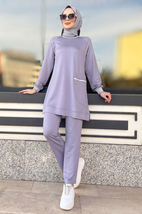 Düz Bisiklet Yaka Kadın Gri Tunik+Pantolon - 22065 GRİ