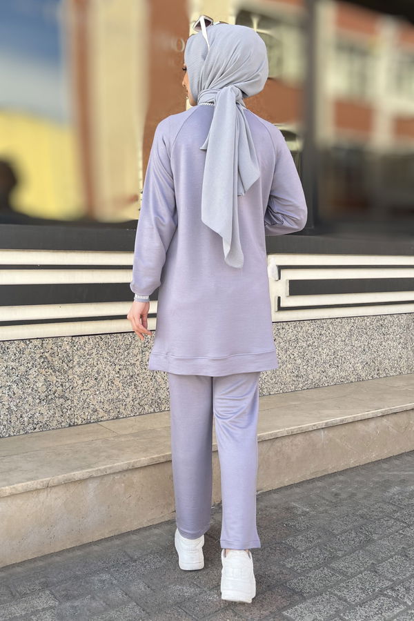 Düz Bisiklet Yaka Kadın Gri Tunik+Pantolon - 22065 GRİ