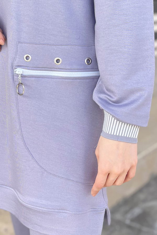 Düz Bisiklet Yaka Kadın Gri Tunik+Pantolon - 22065 GRİ
