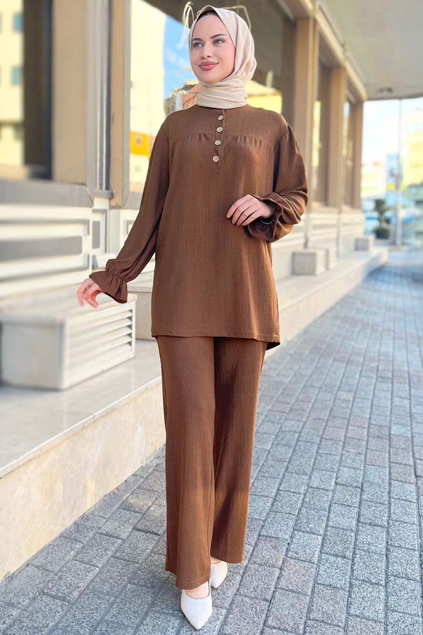 Düz Bisiklet Yaka Kadın Kahverengi Tunik Pantolon - 11438 KAHVERENGİ