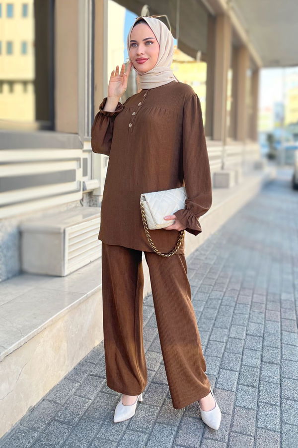 Düz Bisiklet Yaka Kadın Kahverengi Tunik Pantolon - 11438 KAHVERENGİ