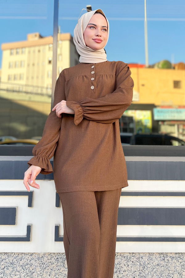 Düz Bisiklet Yaka Kadın Kahverengi Tunik Pantolon - 11438 KAHVERENGİ