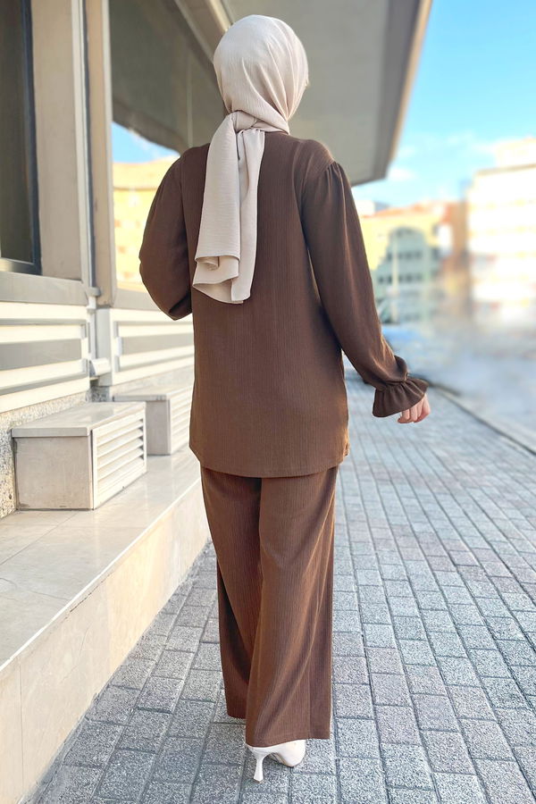 Düz Bisiklet Yaka Kadın Kahverengi Tunik Pantolon - 11438 KAHVERENGİ
