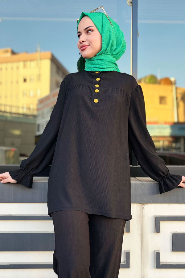 Düz Bisiklet Yaka Kadın Siyah Tunik Pantolon - 11438 SİYAH