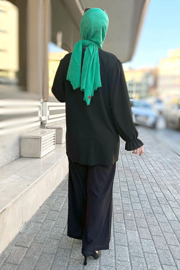 Düz Bisiklet Yaka Kadın Siyah Tunik Pantolon - 11438 SİYAH