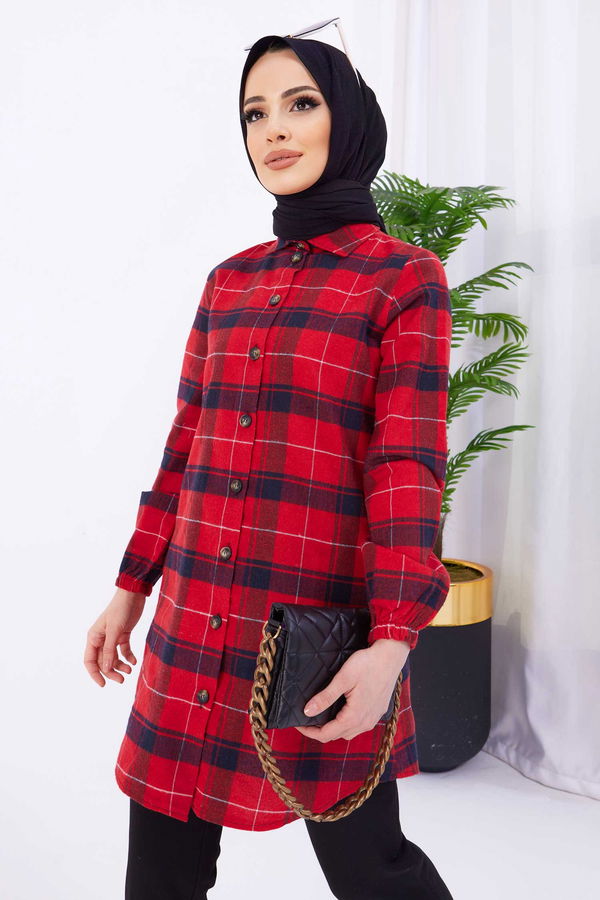 Düz Gömlek Yaka Kadın Kırmızı Tunik - 11346
