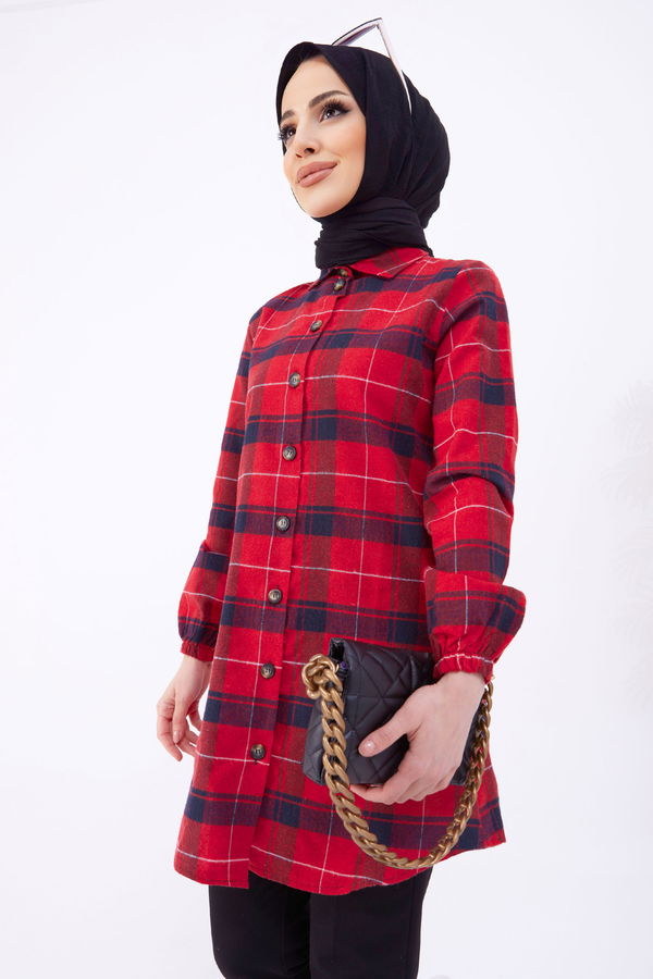 Düz Gömlek Yaka Kadın Kırmızı Tunik - 11346