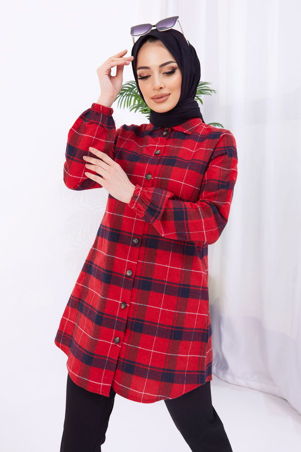 Düz Gömlek Yaka Kadın Kırmızı Tunik - 11346