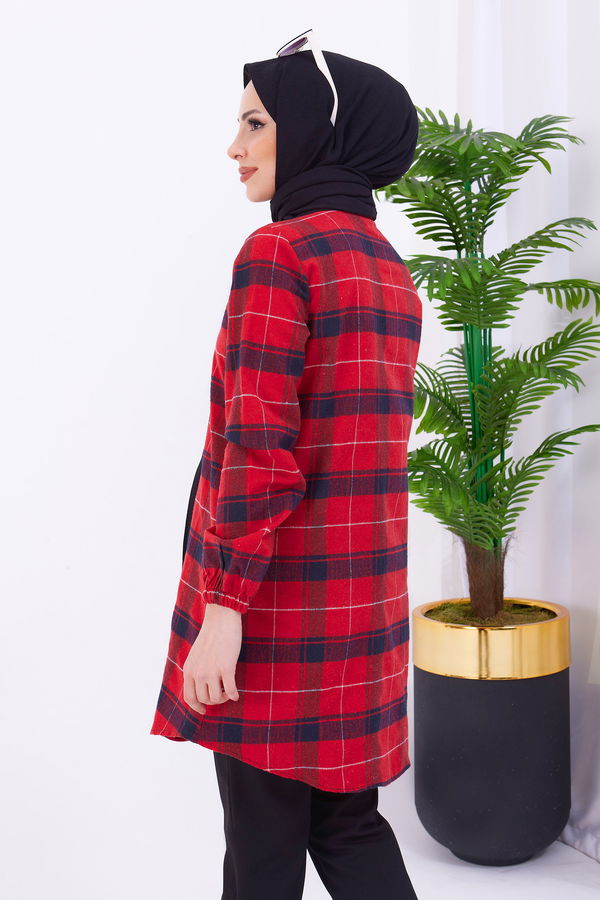 Düz Gömlek Yaka Kadın Kırmızı Tunik - 11346