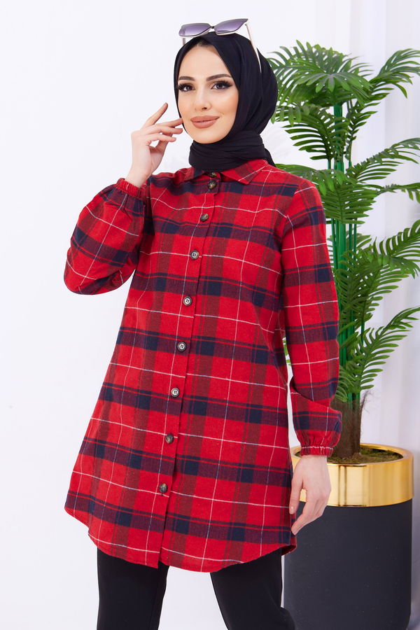 Düz Gömlek Yaka Kadın Kırmızı Tunik - 11346