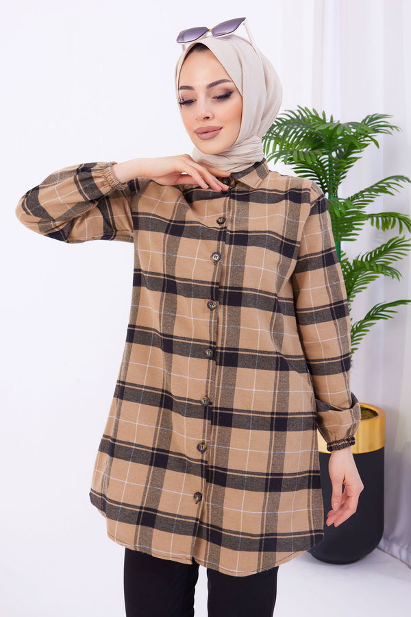 Düz Gömlek Yaka Kadın Vizon Tunik - 11346