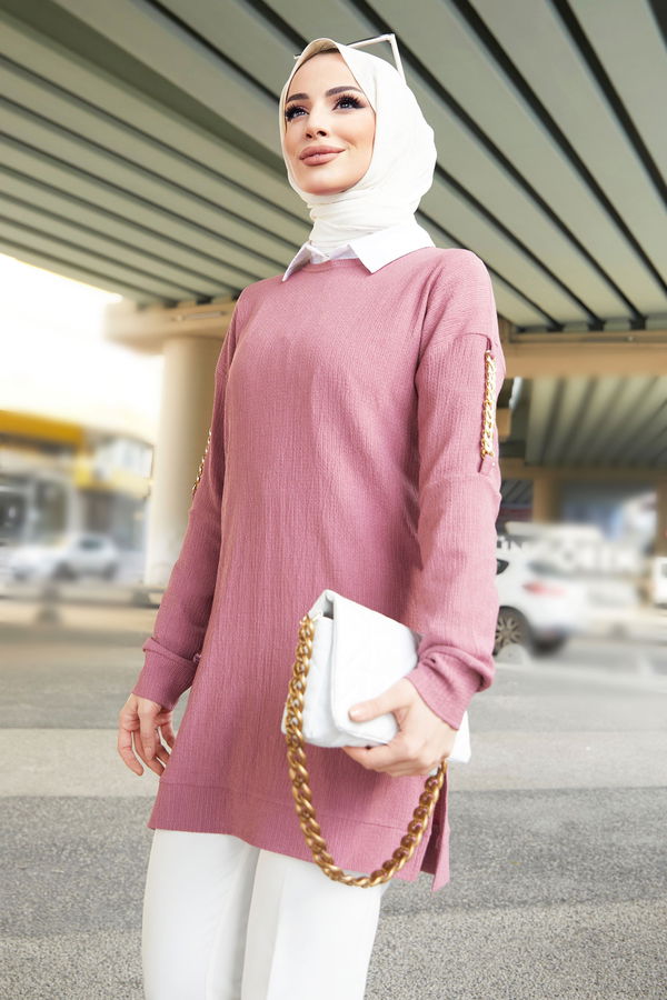 Düz Bisiklet Yaka Kadın Pembe Tunik - 22086 PEMBE