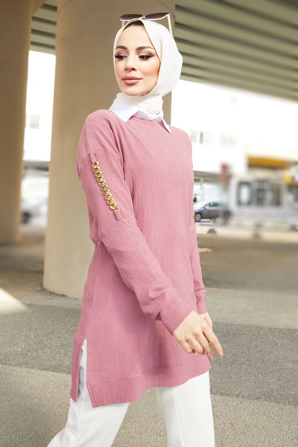 Düz Bisiklet Yaka Kadın Pembe Tunik - 22086 PEMBE