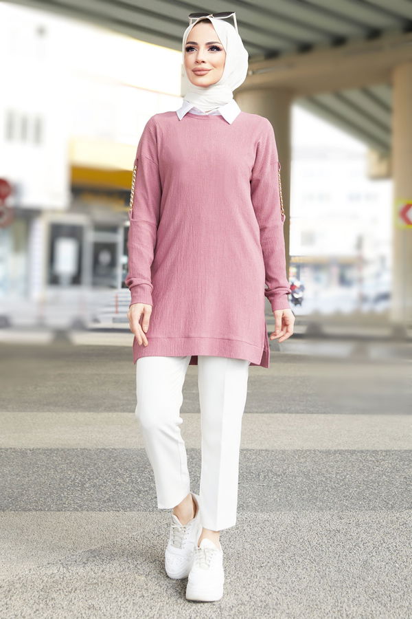 Düz Bisiklet Yaka Kadın Pembe Tunik - 22086 PEMBE