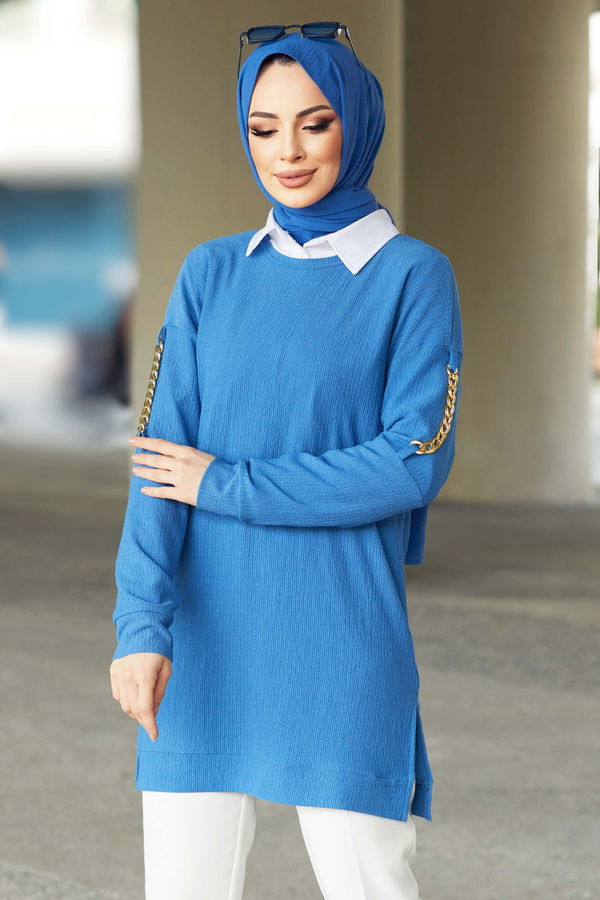 Düz Bisiklet Yaka Kadın Mavi Tunik - 22086