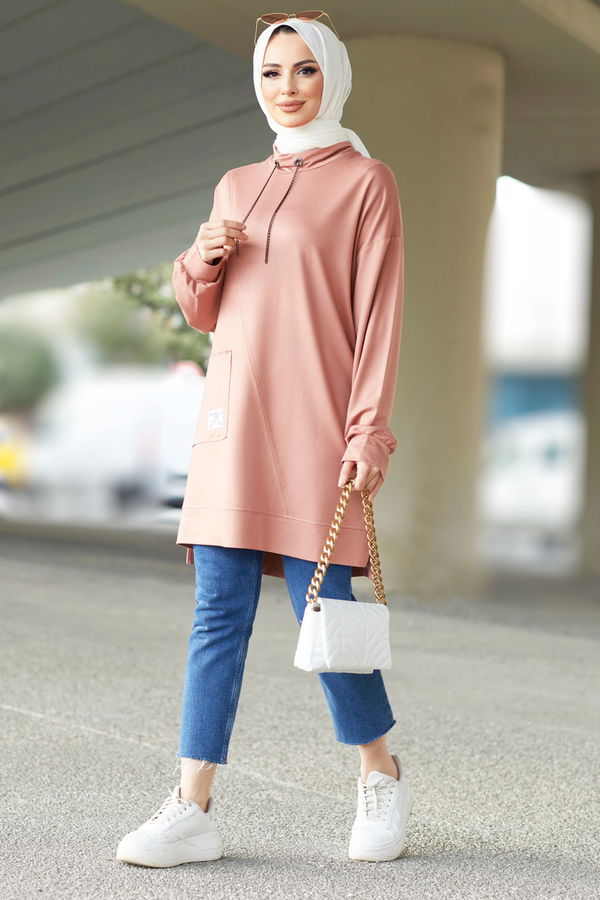 Düz Yarım Balıkçı Yaka Kadın Pembe Tunik - 22064 PEMBE