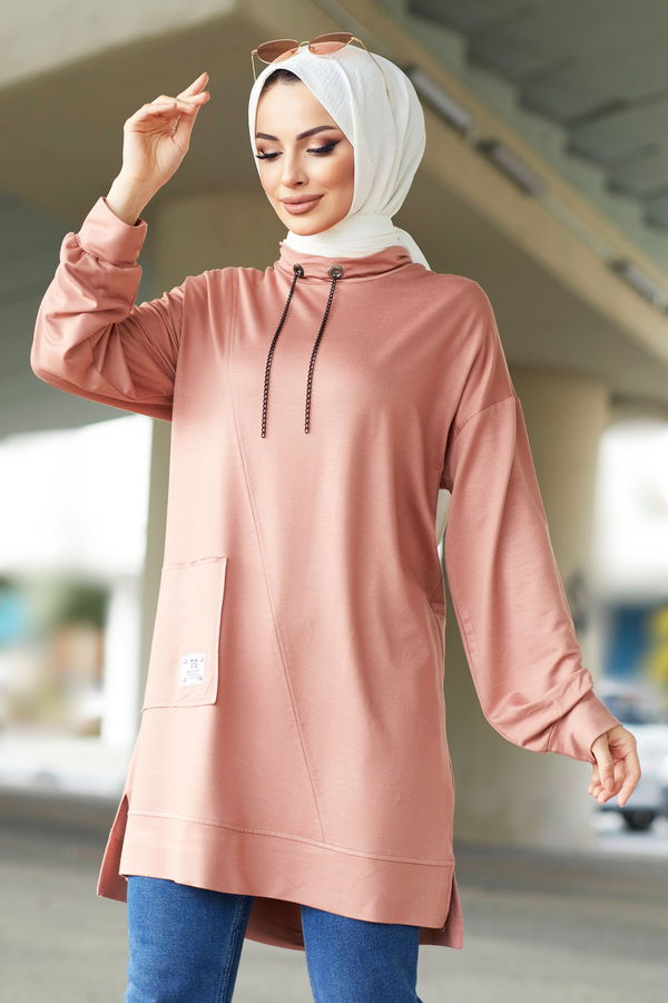 Düz Yarım Balıkçı Yaka Kadın Pembe Tunik - 22064 PEMBE