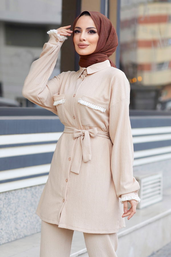Düz Gömlek Yaka Kadın Bej Tunik+Pantolon - 22100
