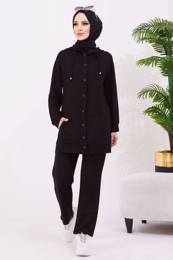 Düz Kapşonlu Yaka Kadın Siyah Tunik+Pantolon - 22067