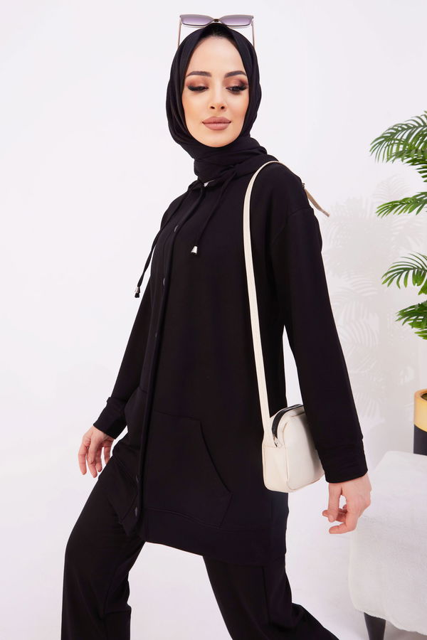 Düz Kapşonlu Yaka Kadın Siyah Tunik+Pantolon - 22067