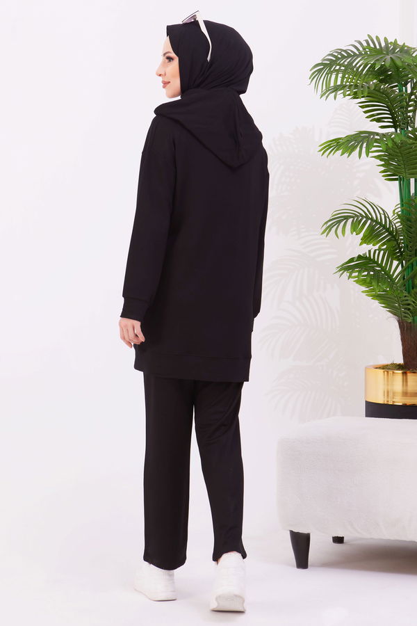 Düz Kapşonlu Yaka Kadın Siyah Tunik+Pantolon - 22067