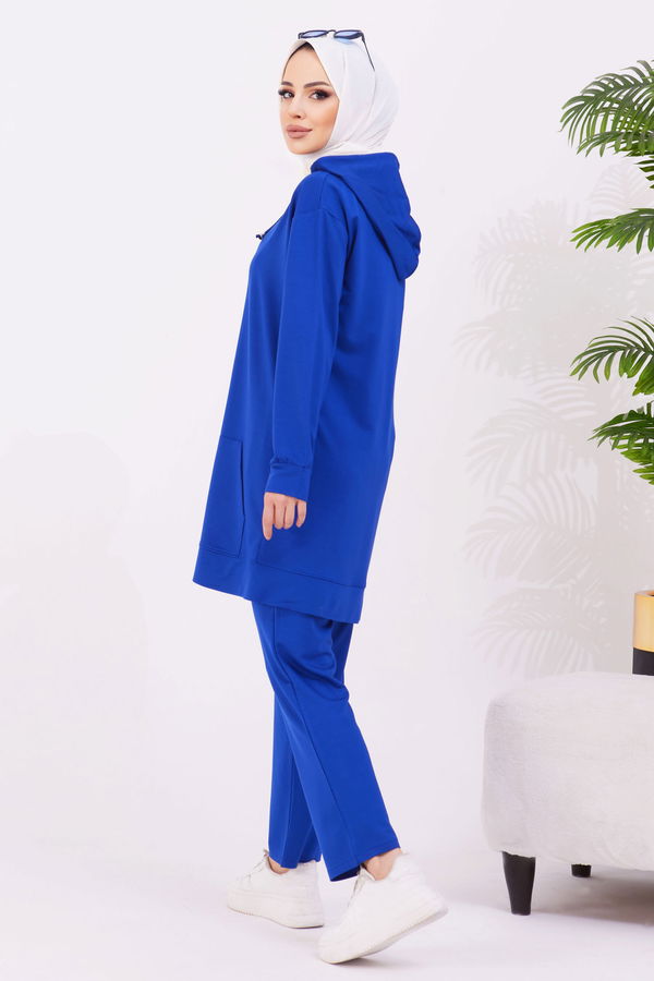 Düz Kapşonlu Yaka Kadın Mavi Tunik+Pantolon - 22067 MAVİ