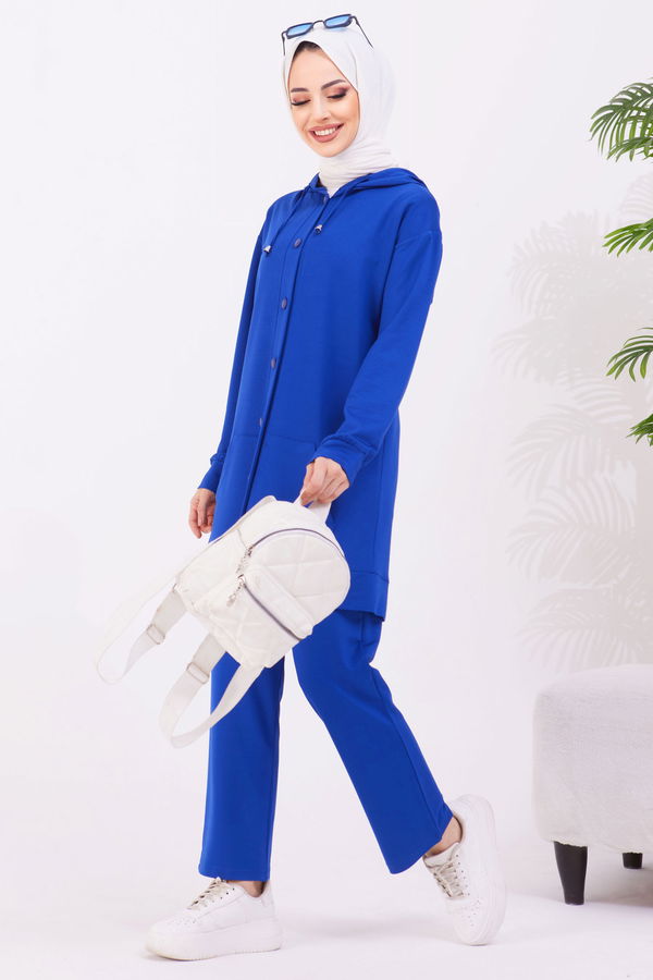 Düz Kapşonlu Yaka Kadın Mavi Tunik+Pantolon - 22067 MAVİ