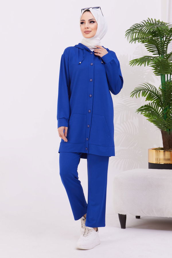 Düz Kapşonlu Yaka Kadın Mavi Tunik+Pantolon - 22067 MAVİ