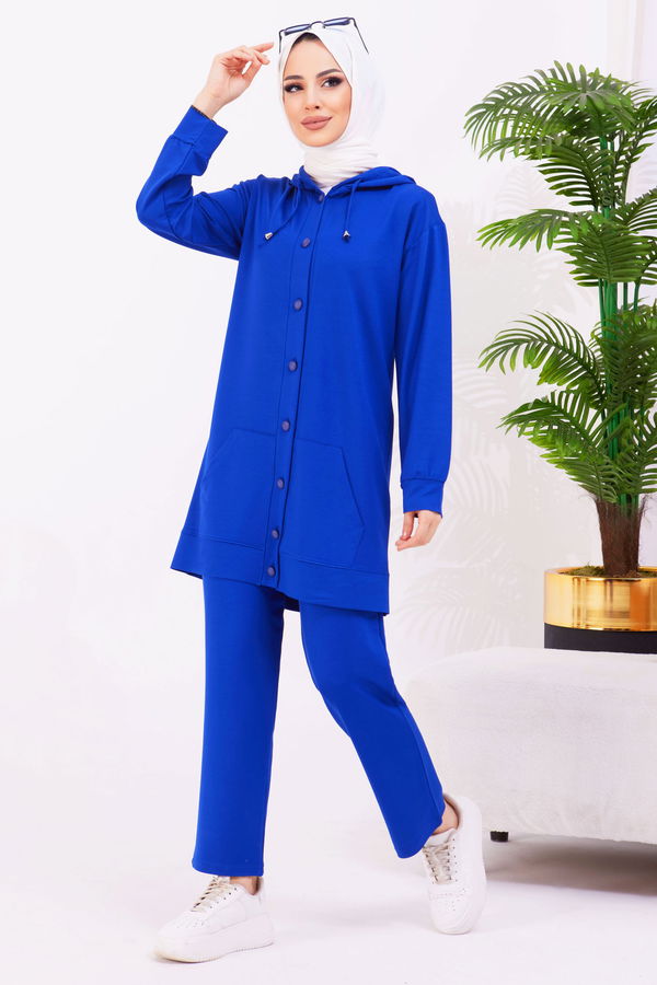 Düz Kapşonlu Yaka Kadın Mavi Tunik+Pantolon - 22067 MAVİ