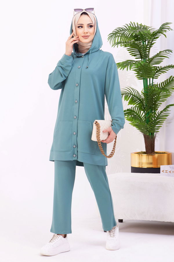 Düz Kapşonlu Yaka Kadın Yeşil Tunik+Pantolon - 22067 YEŞİL