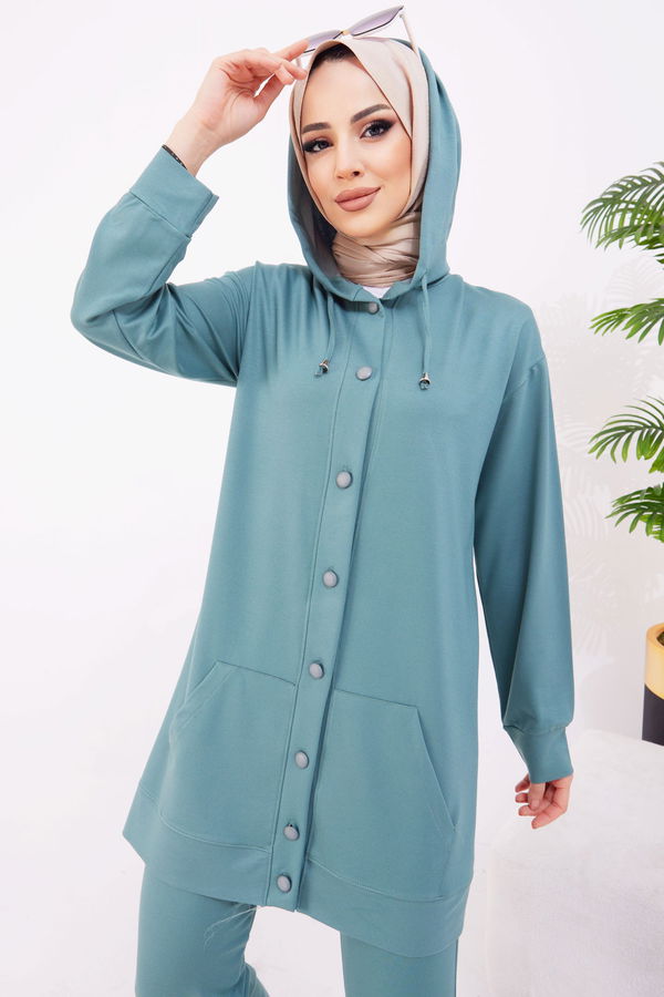 Düz Kapşonlu Yaka Kadın Yeşil Tunik+Pantolon - 22067 YEŞİL