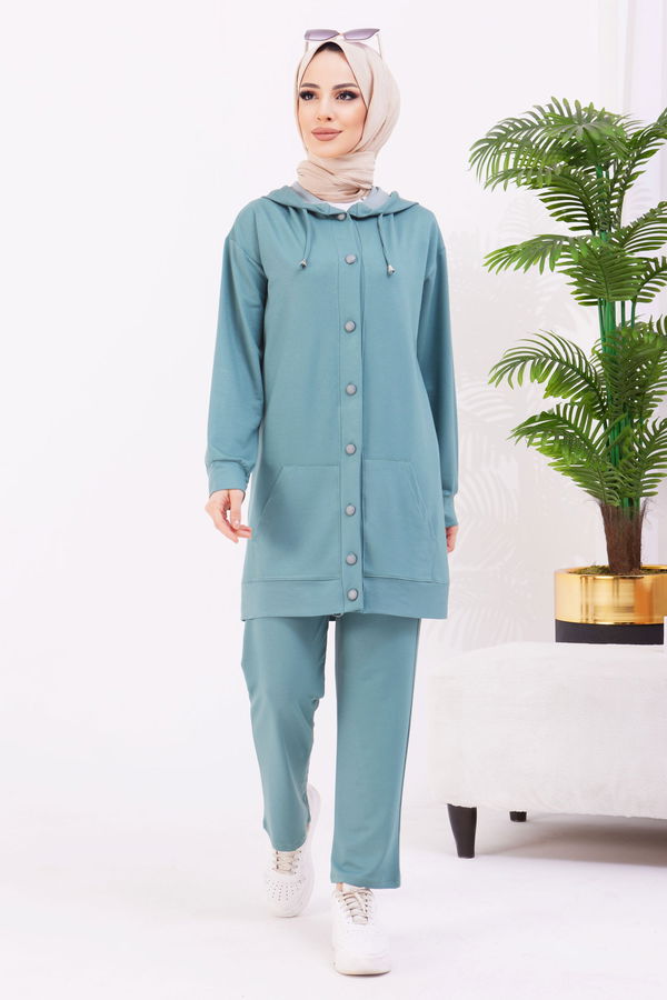 Düz Kapşonlu Yaka Kadın Yeşil Tunik+Pantolon - 22067 YEŞİL