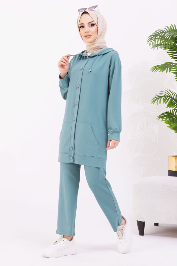 Düz Kapşonlu Yaka Kadın Yeşil Tunik+Pantolon - 22067 YEŞİL
