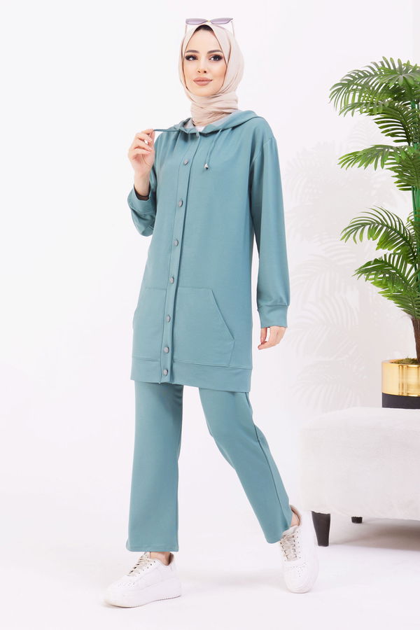 Düz Kapşonlu Yaka Kadın Yeşil Tunik+Pantolon - 22067 YEŞİL