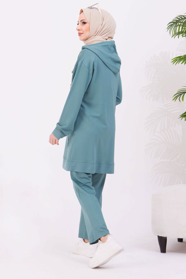 Düz Kapşonlu Yaka Kadın Yeşil Tunik+Pantolon - 22067 YEŞİL