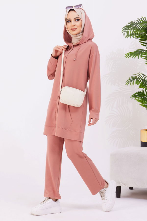 Düz Kapşonlu Yaka Kadın Pembe Tunik+Pantolon - 22067 PEMBE