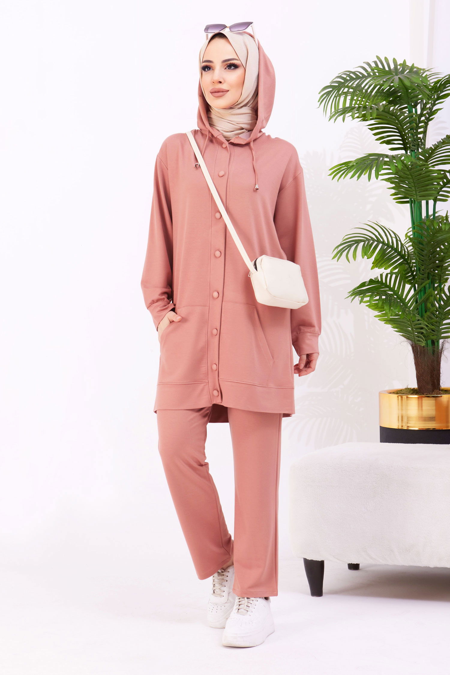 Düz Kapşonlu Yaka Kadın Pembe Tunik+Pantolon - 22067 PEMBE
