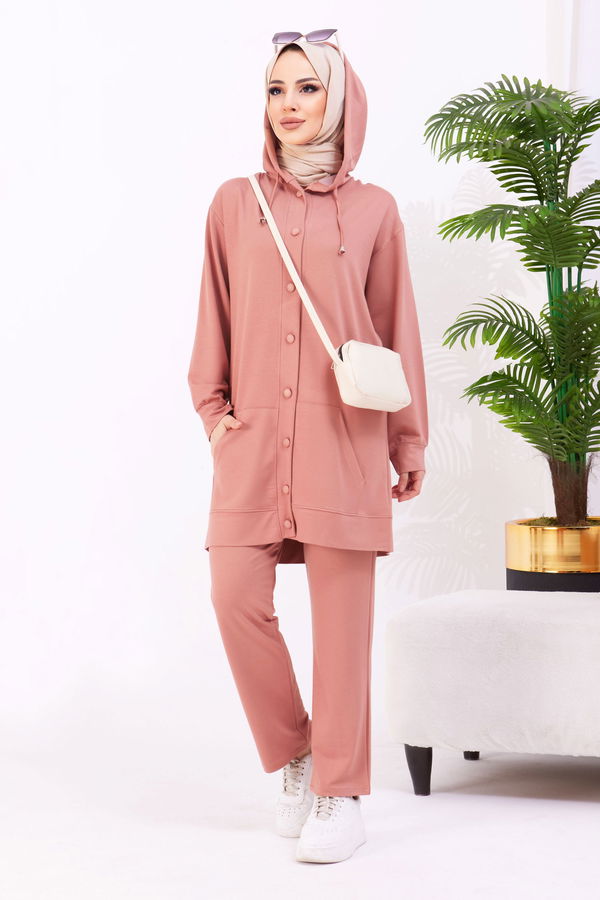 Düz Kapşonlu Yaka Kadın Pembe Tunik+Pantolon - 22067 PEMBE