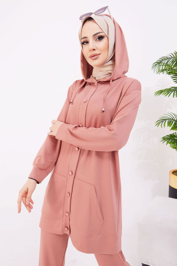 Düz Kapşonlu Yaka Kadın Pembe Tunik+Pantolon - 22067 PEMBE